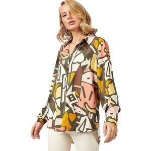 Big Dart Women's Shirt Blouse US 22/UK 24 Button Down Multicolor Geometric Retro